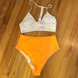 Cupshe Two-Piece Swinsuit - White Top/Orange High Waisted Bottom - Size M
